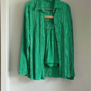 Green Pleated Shirt and Shorts Set